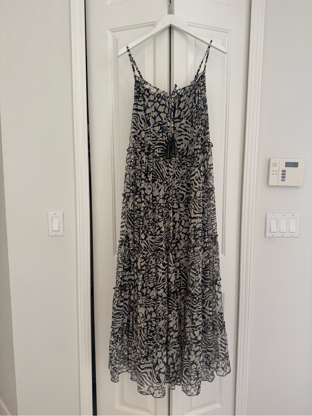 Black and Cream Printed Tiered Maxi Dress with Spaghetti Straps